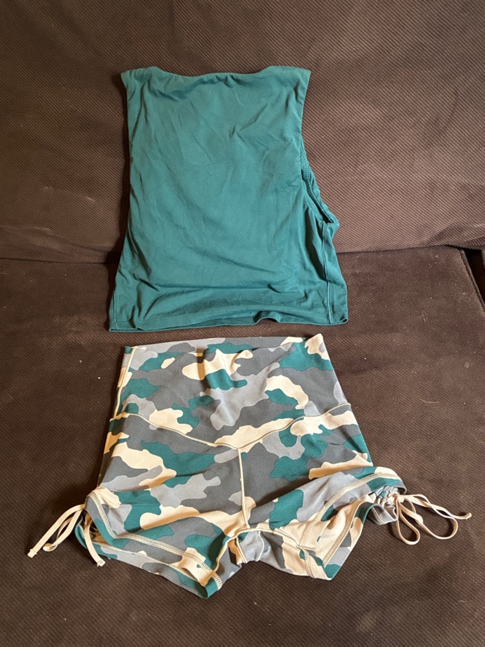 aerie Teal Tank with Teal & Tan Camo Drawstring Shorts